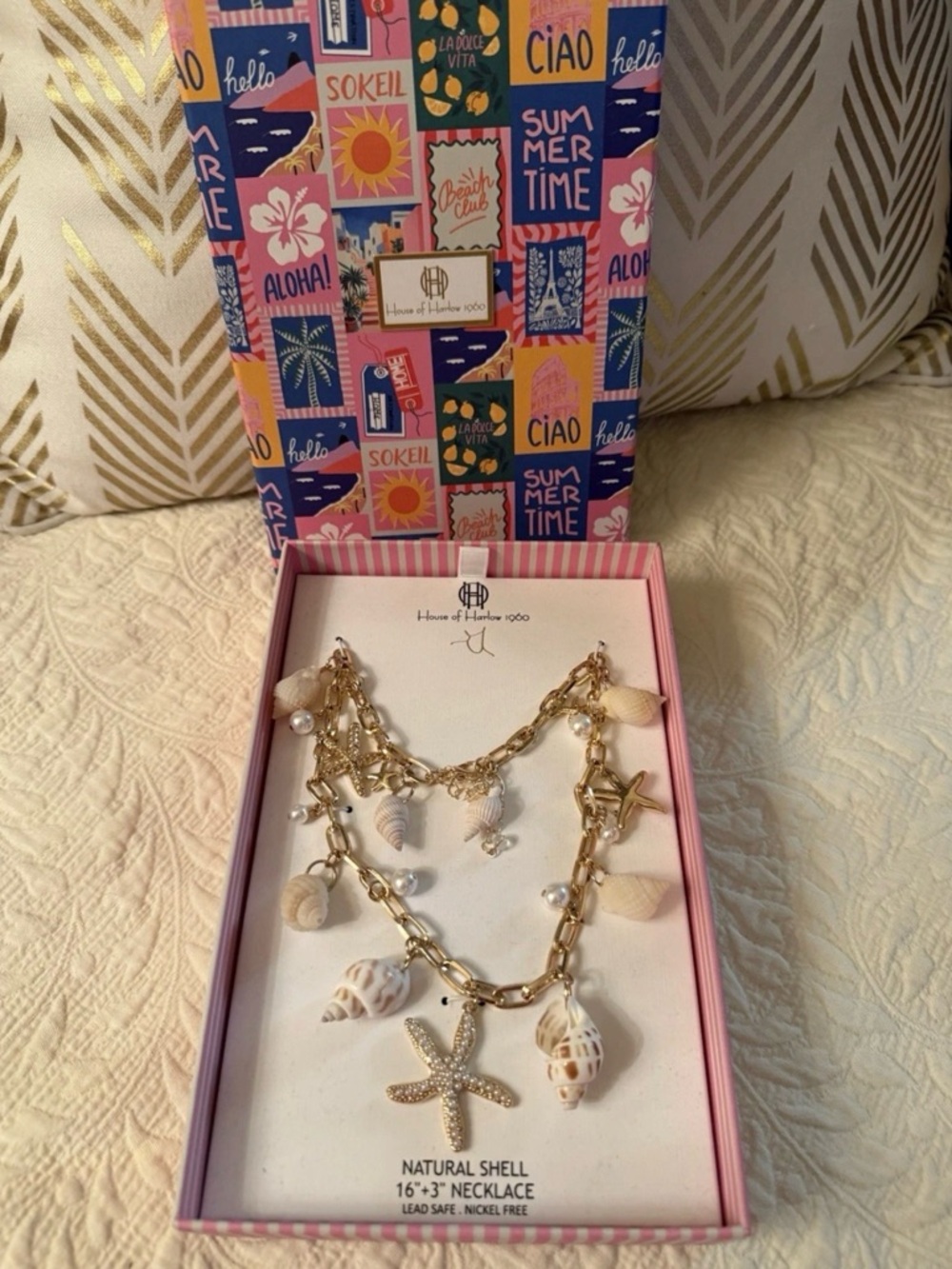 House of Harlow 1960 Gold Shell & Starfish Charm Necklace with Pearls